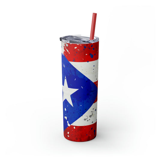 Puerto Rico Flag Paint Splotch Skinny Tumbler with Straw, 20oz